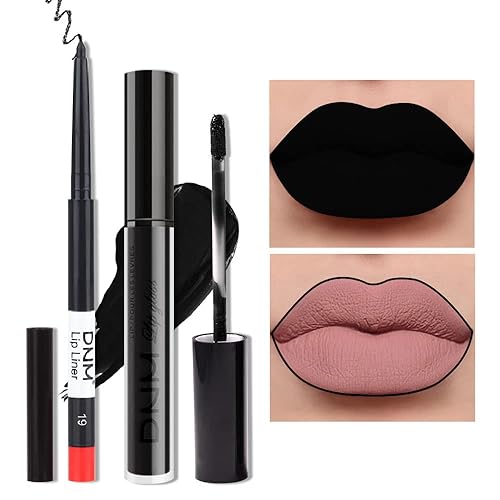 HAOYA 2Pcs Matte Dark Black Lip Liner and Lipstick Makeup Set, Matte Liquid Lipstick 24H and with Lip Liner Set Waterproof Long Lasting labiales mate 24 horas originales matte larga duracion 24#19 - S07