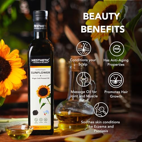 Image of HESTHETIC Edible Cold Pressed Sunflower Oil, 750ML, Rich in Healthy Fats, Ideal for Cooking, Frying and Salad Dressings, 100% Pure and Natural, Food Grade Virgin Oil