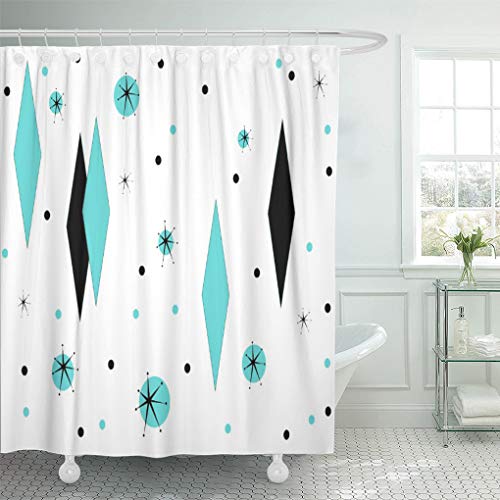 Semtomn Shower Curtain Waterproof Polyester Fabric 72 x 72 inches Customizable Retro Turquoise Diamonds Starbursts Color Mid Century Modern Set with Hooks Decorative Bathroom Curtains