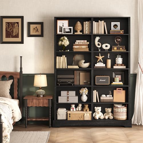 Image of TVU 6-Tier Wood Book Shelf, 47 inch Wide Large Bookcase and Bookshelf, 76 inch Tall Bookcase with Storage, Freestanding Wood Display Book Shelves for Living Room, Home Office, Black