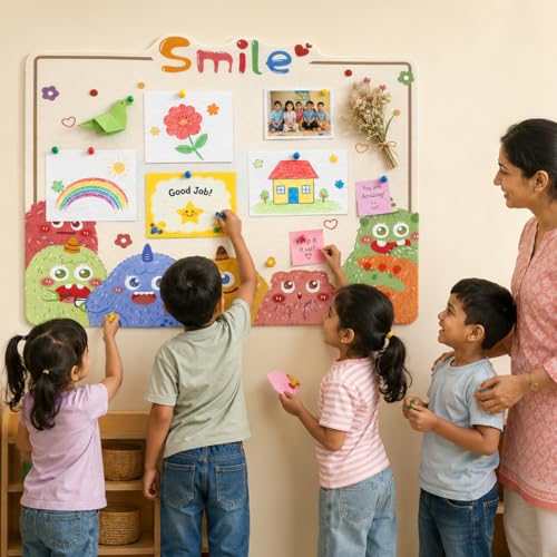 Image of Climberty Cute Cartoon Felt Bulletin Board 60x80cm Soft Pin Board for Photo Display, Notes & Artwork, Decorative Felt Notice Board for Kids Bedroom, Nursery, Classroom & Craft Spaces