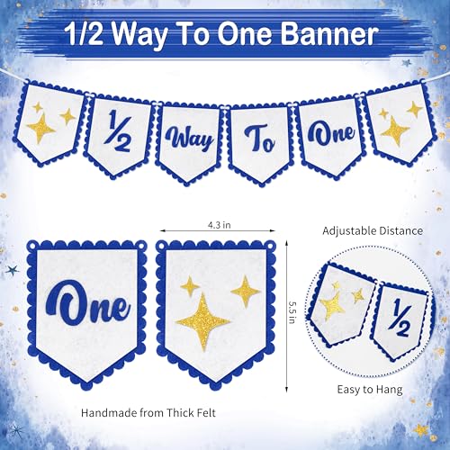 Image of 1 /2 Birthday Blue Half Birthday Decorations - Blue Star It's My 1 /2 Birth Banner, Glitter Cake Topper Tassel Wood Bead High Chair Banner & Crown, Hat Halfway to One Boy Girl Party Supplies
