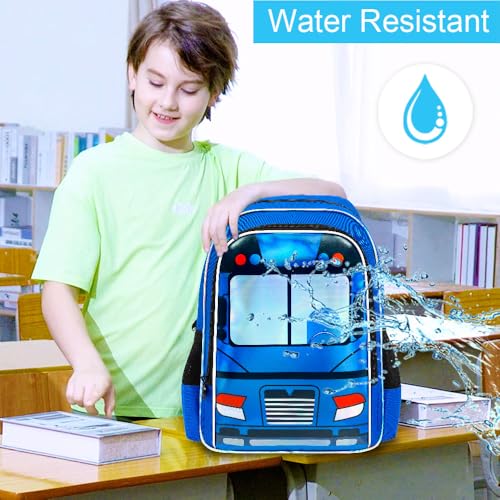 Image of WZLVO 3PCS Kids Bus Backpack Set, 16 inch Cool UV Printing Boys Bookbag /School Bag with Lunch Box & Pencil Bag for Preschool to Elementary - Blue Bus