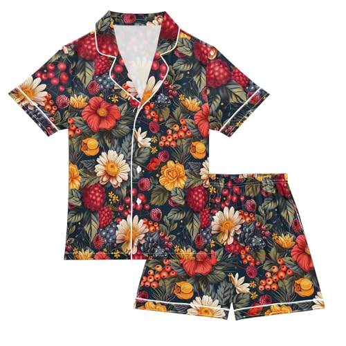 ALAZA Berry Fruit Leaf Blossom Satin Pajamas Set Short Sleeve Button Down Sleepwear Summer Pjs 2 Piece