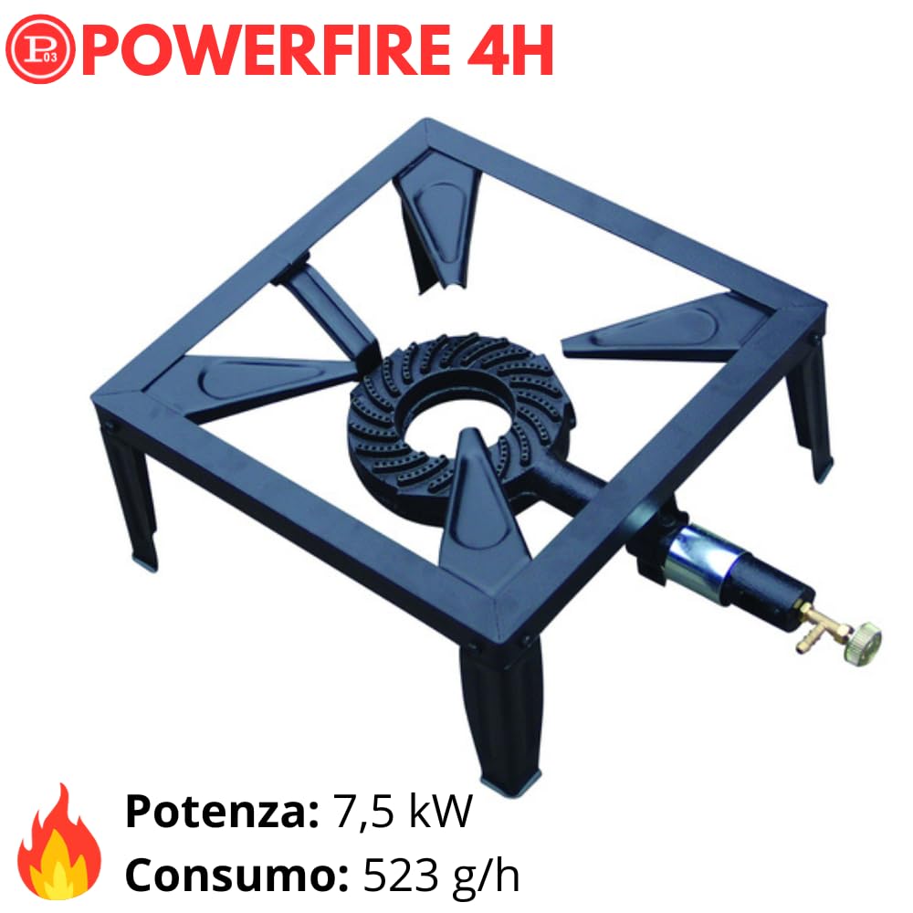 Powerfire 4H | Fornellone a Gas da esterno Professionale in Acciaio Smaltato e Ghisa, Potenza 7,5 kW, Nero - cm.40x40x18
