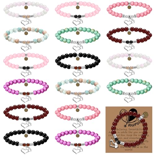 Remuuly 16 Pcs Beaded Bracelet Gifts for Nurses - Natural Stone Nurse Bracelet With Cards - Nursing Student and Practitioner Gifts for Women
