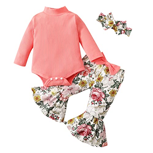 Image of VOLUOVO Newborn Infant Baby Girl Clothes Ruffle Sleeve Romper Top Flared Pants Headband Outfit Set
