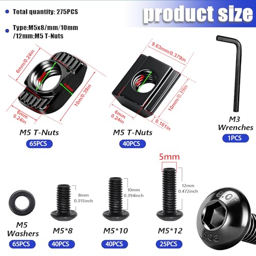 Taiss 275PCS M5 T-Nuts Screws Assortment Kit for 2020 Series Aluminum Extrusion,T Sliding Nut,Button Head Socket Cap Head Bolts and Nut & Washers with Hex Wrench
