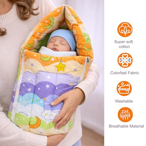 Image of Fareto Combo of Baby Bed with Net | Carry Bag | 4 Pcs Bedding Set (0-6 Months, Baby Size, Cotton) (Orange NEW Star)