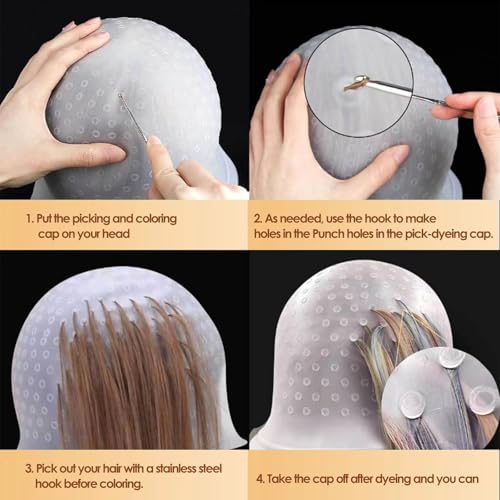Taefuwr 2 Sets Highlighting Cap With Hook, Silicone Highlight Cap, Hair Cap For Highlight Bleach Cap, Hair Dye Cap With Holes, Highlight Caps For Dying Hair, Hair Highlight Kit For Home And Salon Use thumb #3