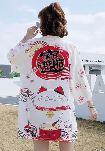 Image of LAI MENG FIVE CATS Women's Lucky Cat Cardigan Kimono Loose Cover up Casual Blouse Cute Tops