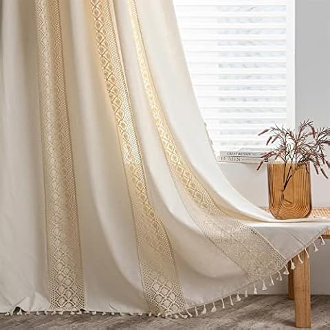 SAYT RLAE Makramee Vorhang Beige Vintage Boho Style Vorhänge Baumwolle Leinen mit Quasten und Häkeln Stricken Vertikale Streifen für Wohnzimmer Kinderzimmer Schlafzimmer Cover