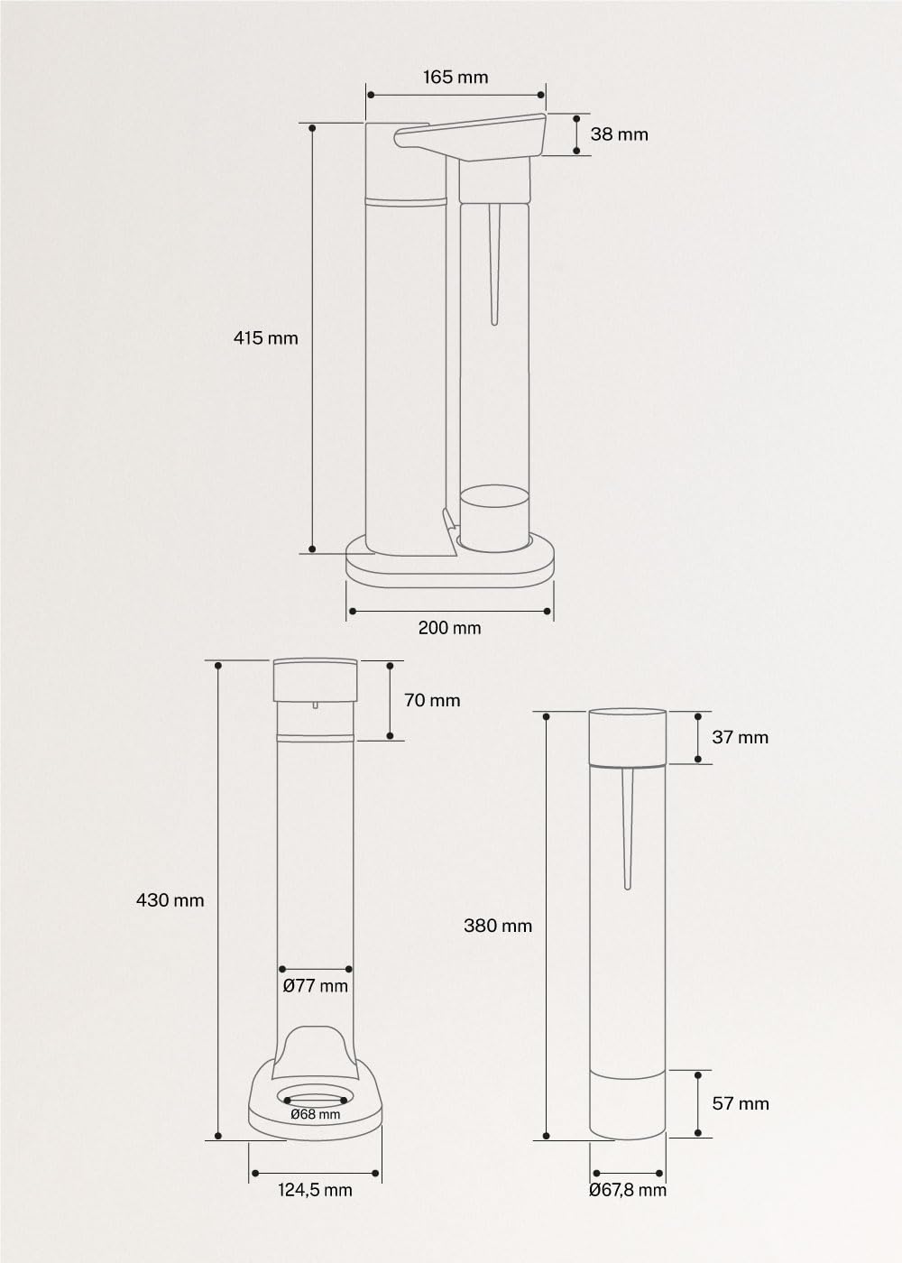CREATE/SODA MAKER STUDIO/Máquina para hacer agua con gas 1L negro/No incluye cilindros de CO2, carbonata en 4 pasos, botella libre de BPA, sin enchufes