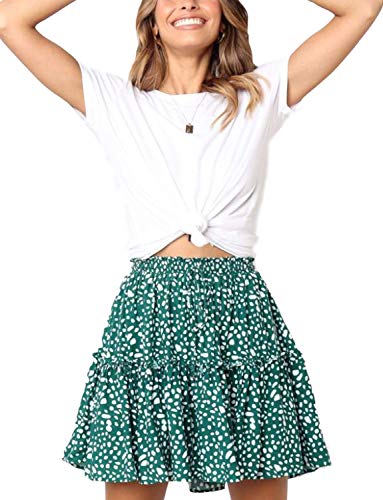 MayBuy Women's Polka Dot Ruffle Mini Skirts High Waisted Dalmatian Print Flared Pleated Chiffon A-Line Short Skater Skirts Green Small