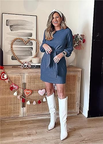 Image of PRETTYGARDEN Womens Spring Elegant Long Lantern Sleeve Short Dress Wedding Guest Crewneck Tie Waist Knit Cocktail Dresses