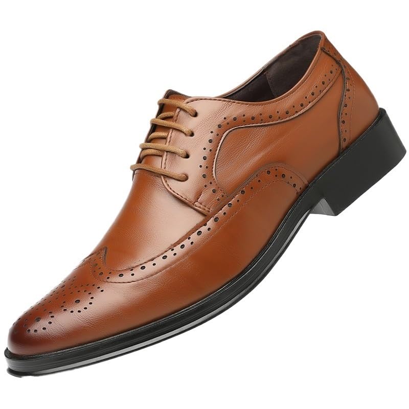 Italian Style Men's Dress Shoes, Luxury Genuine Leather Cap Toe Oxford Brogue Lace-Up Shoes, Brown Formal Wedding Shoes for Men