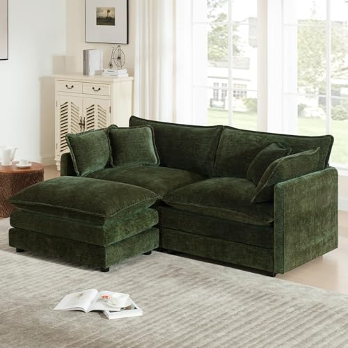 GNIXUU 76.7' Green L Shaped Cloud Couch, Modern Chenille Modular 2 Seater Loveseat Sofa with Movable Ottoman, Deep Seat Sectional Couch with Pillows for Small Place, Living Room Apartment Office