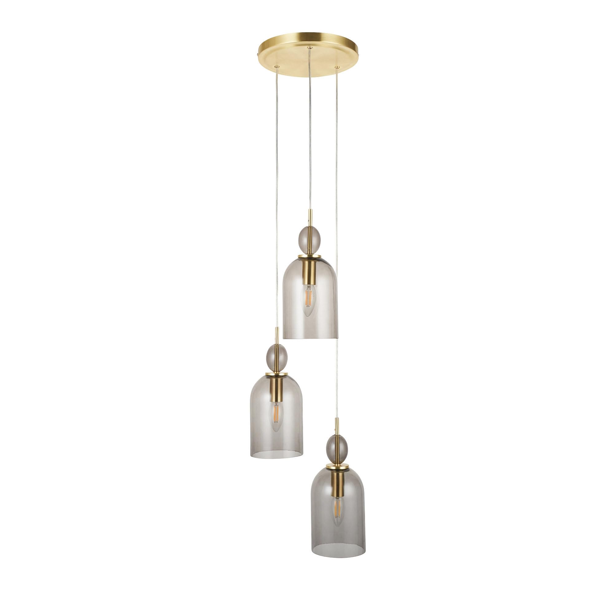firstchoicelighting Antique Brass Ceiling Pendant Light, Smoked Glass Shades, 3 Way Cluster Pebble Design, Height Adjustable