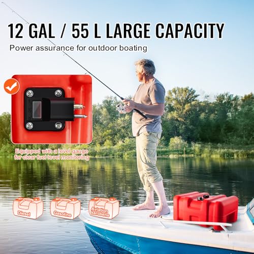 VEVOR Portable Fuel Tank, 12 Gallon/55L, Plastic Outboard Marine Tank with Hose, Easy to Carry for Yacht, Fishing, Deck Boats, Red