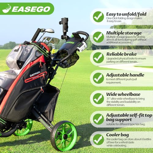 image for EASEGO Golf Push Cart 3 Wheel : Golf Bag Cart Foldable with Phone/Cup/