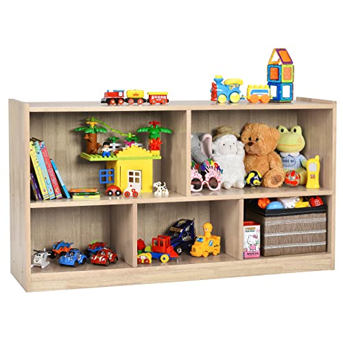 COSTWAY Librería para Niños y Organizador Juguetes, Mueble de 5 Cubos para Ordenar Juguetes Muñecas y Libros, Estante de Madera con 5 Compartimientos para Cuarto de Juegos (Natural)