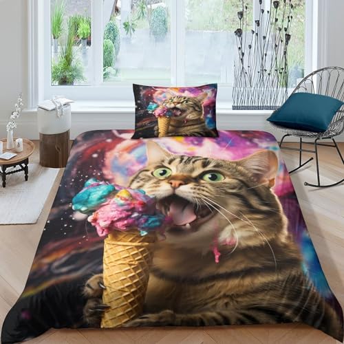 Housse de couette chat mignon 3D microfibre parure de lit 3 pièces zip - 2