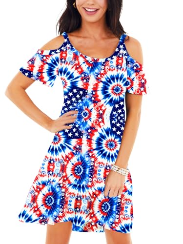 Image of Deerose Womens 4th of July Dresses Cold Shoulder American Flag Tie Dye A-Line Dress with Pockets