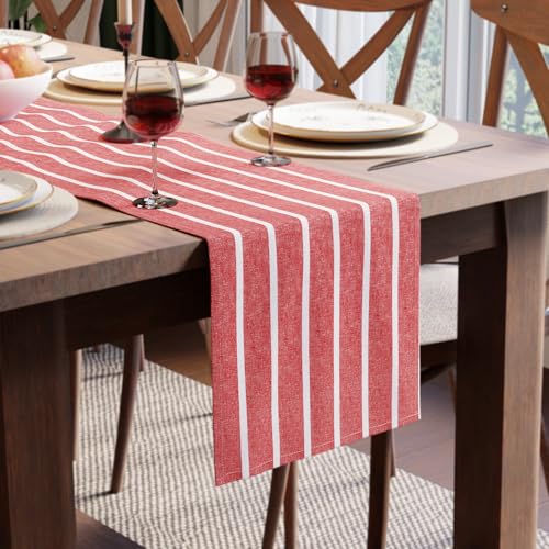 Image of Encasa XO Cotton Table Runner for 4 to 6 Seater | Size 13x72 in | Roma Red Stripes - Machine Washable & Durable