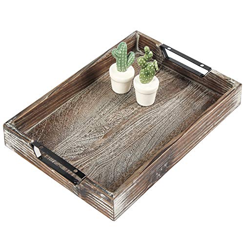 J JACKCUBE DESIGN Rustic Wood Serving Tray Decorative Antique Large Wooden Serving Trays for Breakfast Coffee Tea Ottoman Table Decor Accessories with Strong Black Metal Handles- MK526A