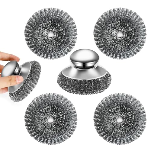 Metal Scourer with Handle – Set of 5 Stainless Steel Scourers, Heavy Duty Wire Wool Pads 10x10cm, Comfortable Grip, Durable, Rust-Resistant for Pots, Pans, Ovens & Grills