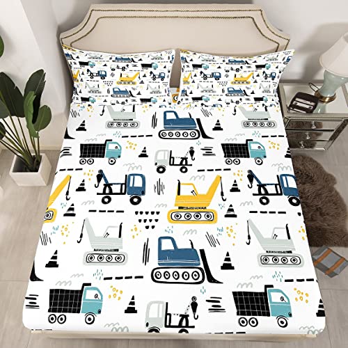 Excavator Boys Fitted Sheet Queen Size Cartoon Construction Tractor Cars Bedding Set For Kids Child Teens Bedroom Watercolor Traffic Graffiti Bed Sheet Set Black White Vehicle Deep Packet Sheet 3Pcs #TOP14