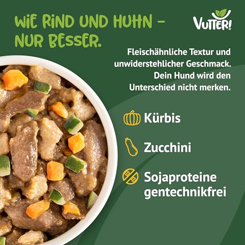 VUTTER Nassfutter Wie Rind & Huhn, 12x400 g: Hundefutter Vegan - Alleinfutter für Hunde - Fleischähnlich für hohe Akzeptanz - Sojaprotein für Muskeln, Zink für Haut & Fell, Kalzium für Zähne & Knochen