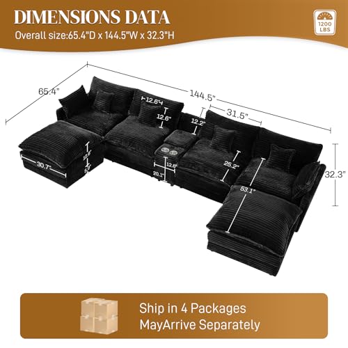 Image of 145 inch Oversized U Shaped Modular Sectional Sofa with Ottoman, Comfy Fluffy Soft Corduroy, Large Cloud Couch with USB Port, Cup Holder and Storage Central Console for Living Room, Black