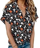 HOTOUCH Halloween Linen Cotton Womens Short Sleeve Shirts V Neck Collared Button Down Blouse Tops