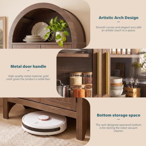 Image of Arched Storage Cabinet with 2 Doors and 5-Tier Shelves for Living Room, 71 inch Tall Wooden Pantry Cabinet for Dining Room and Kitchen, Floor Bathroom Organizer, Brown