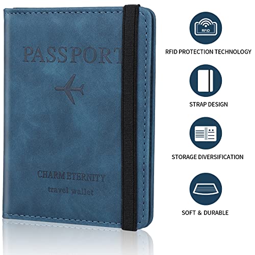 Image of Passport Holder Passport Cover with RFID Blocking Protector Travel Wallet Organiser for Men Women PU Leather Document Holder Credit Cards Boarding Ticket (Blue), Blue