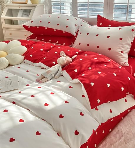 Freyamy Herz Bettwäsche 135x200 Herzen Weiß Rot Herzchen Bettwäsche Set – Ansicht 3