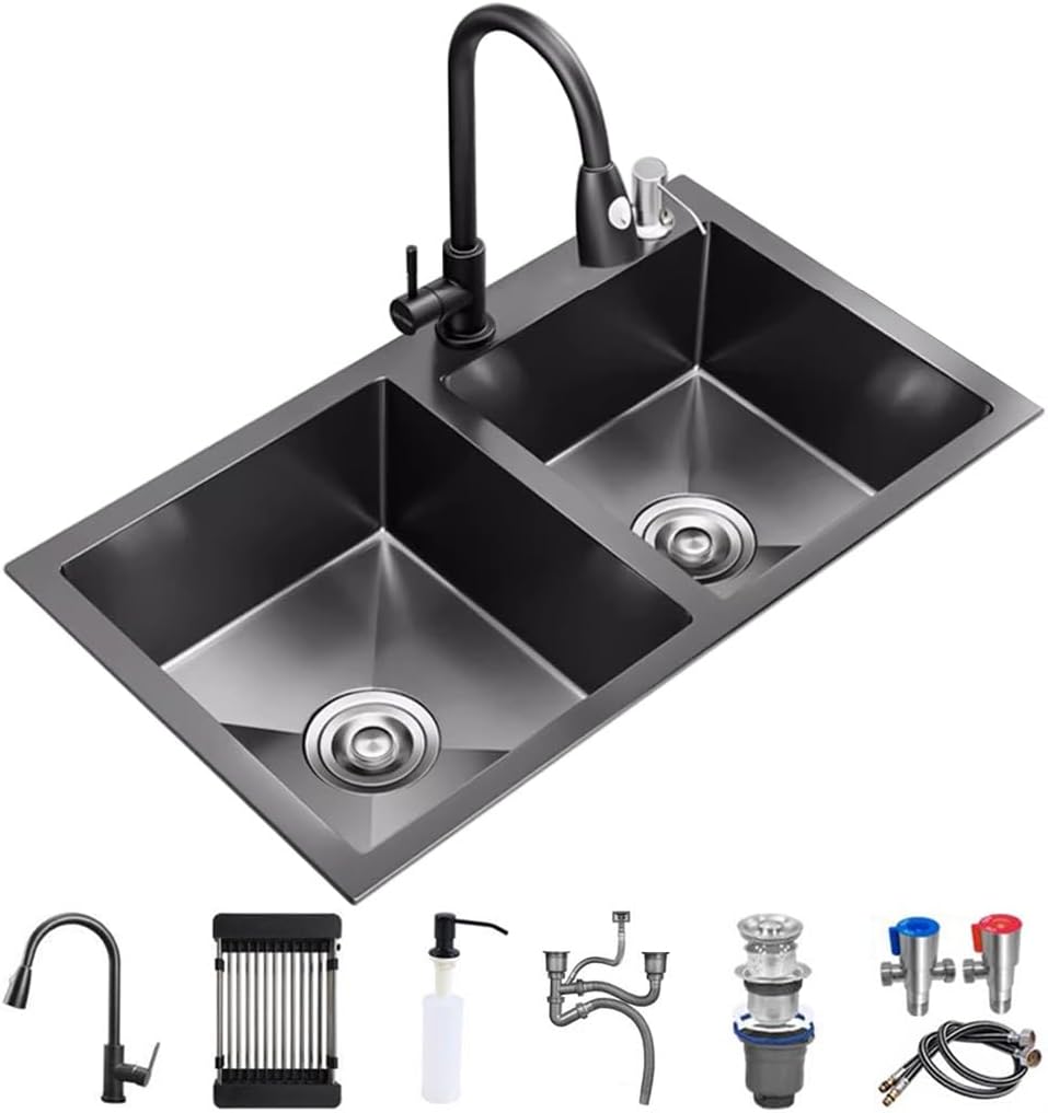 Generic Double Bowl Kitchen Sink with Pull-Out Faucet Stainless Steel Kitchen Workstation Sink Multifunctional Bar Sink with Cplete Accessory Set (Color : Black, Size : 78x43x21cm)