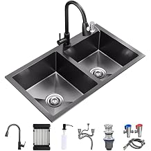 Double Bowl Kitchen Sink With Pull-out Faucet Stainless Steel Kitchen Workstation Sink Multifunctional Bar Sink With Complete Accessory Set Color Black, Size 72x40x21cm