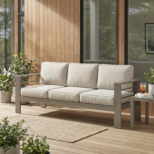 Wisteria Lane Metal Patio Furniture Sofa, All-Weather Outdoor Couch with Upgraded Cushions, Weather-Resistant Heavy Duty Modern Outdoor 3 Seats Sofa for Garden, Balcony, Deck, Backyard, Kahki Gray