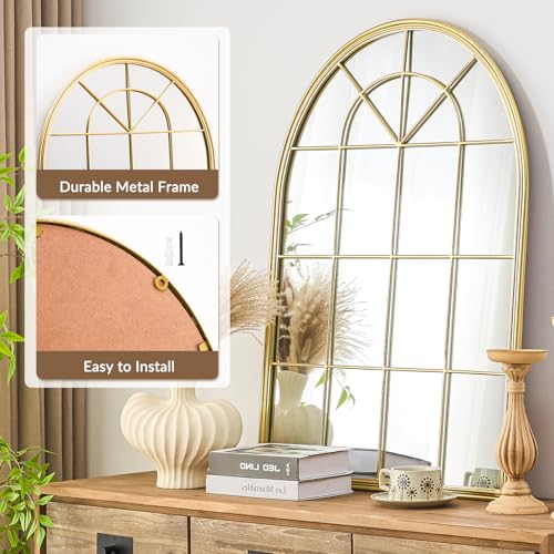 Image of Uniclinens Window Mirrors for Wall Decor - Large Gold Farmhouse Arched Window Pane Mirror for Wall Decor Living Room, Gorgeous for Entryway, Fireplace, Hallway,Dining Room,36 inchX24 inch