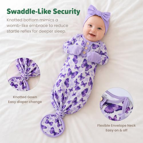 Image of Baby Newborn Knotted Gown, Soft Breathable Viscose from Bamboo for Infant Home Coming Outfit, Knotted Gown with Headband