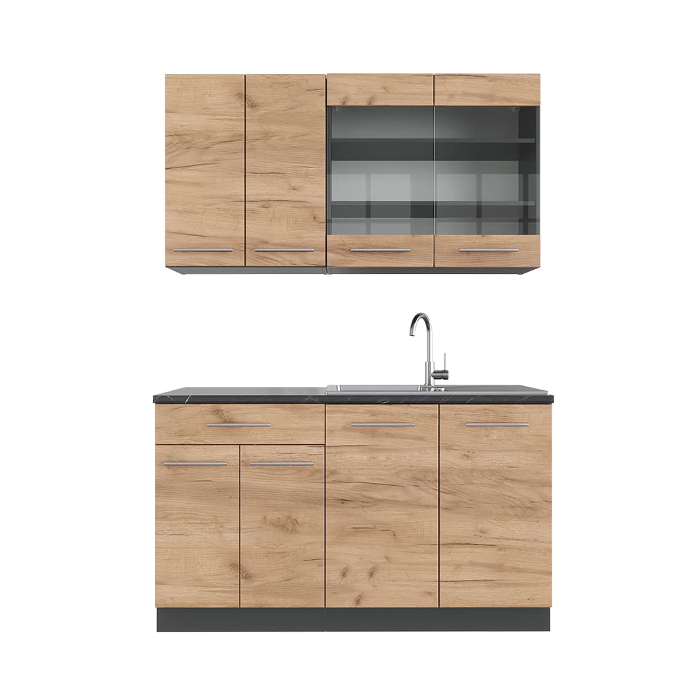 Vicco Cucina completa Fame-​Line, Quercia dorata/​antracite, 140 cm senza piano di lavoro, adatto per la combinazione individuale con altri moduli