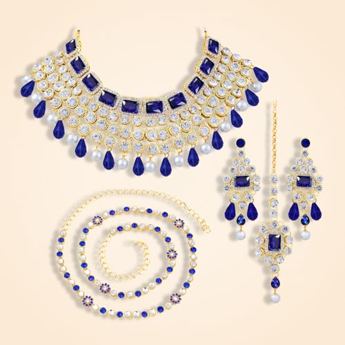 Image of Peora Crystal Choker Necklace with Maang Tikka Earrings Indian Traditional Bridal Wedding Jewellery Set for Women