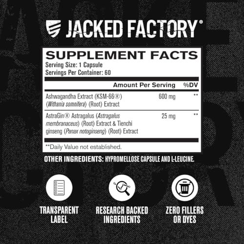 Image of Jacked Factory Ashwagandha Root Extract (KSM-66 Ashwagandha) w / 5% Withanolides - Supplement for Natural Stress Relief, Cognitive Function, Vitality, and Mood Support - 60 Veggie Capsules
