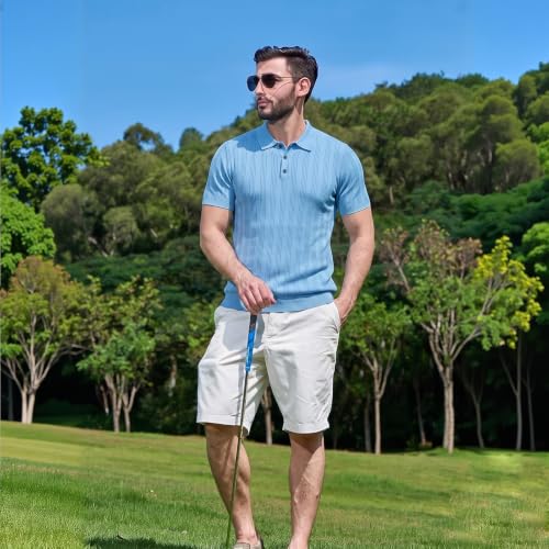 Polo de punto para hombre manga corta, texturizado, elástico, casual con cuello para golf de verano miniatura 5