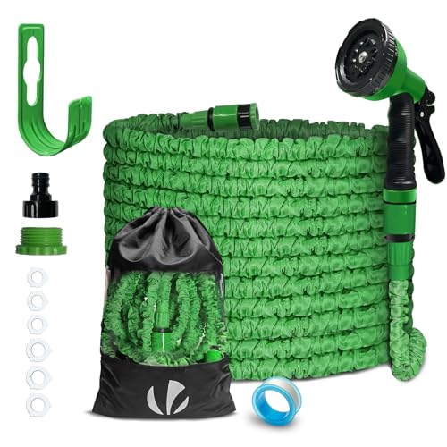 VOUNOT Flexible Garden Hose 15 m Flexible Water Hose Expandable with 10 Spray Functions Quick Adapters and Wall Mount Green