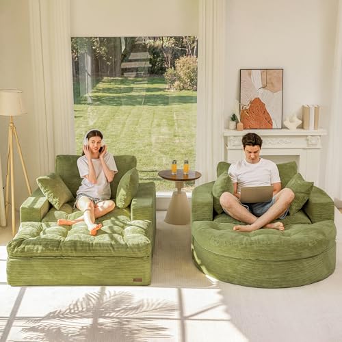 Image of MAXYOYO Modular Sectional Chaise Lounge Sofa, 2 Sets Upholstered Lounge Chair with Ottoman, Comfy Round+ Square Couch with Layered Cushion, Tufted Sleeper Chair for Living Room, No Assembly, Green
