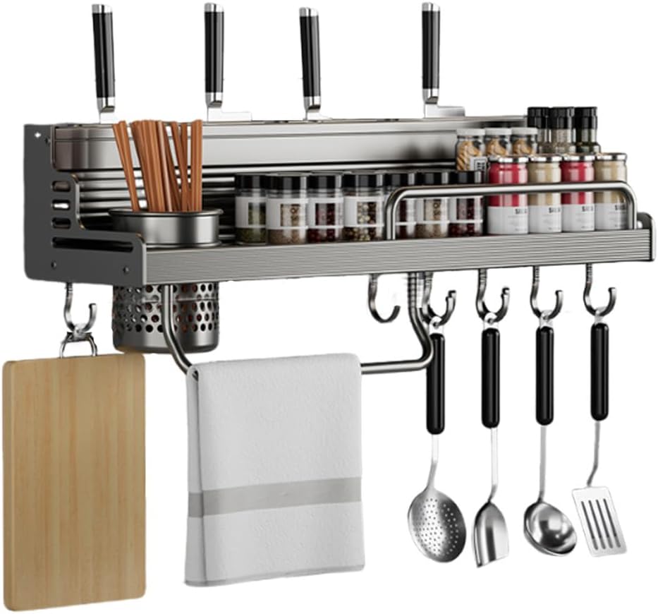 Dxcaicc Knives Rack Organizer for Kitchen Cabinet Door, Seasoning Organizers Utensils Holder, Knives Slots, Hooks, Cutting Board Organize,Towel Bar,50cm/ 20 inch