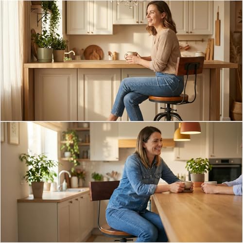 Butaco Industrial Ajustable 26-32 Pulgadas con Respaldo Arqueado, Asiento Giratorio Redondo de Madera y Estructura de Metal Estilo Rústico Farmhouse Set de 2 miniatura 6